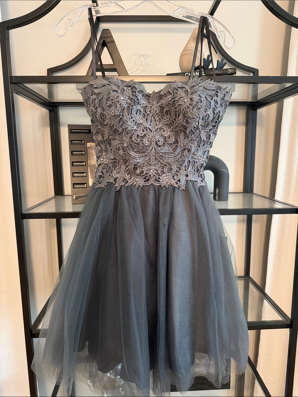Poly USA Strapless Lace Cocktail Dress in Gray